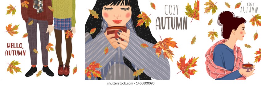 Cozy autumn. Set of cute cartoon flat vector illustration. Girl with a cup of tea, legs in warm boots and The woman at the window, behind which it rains and leaves fall