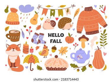 Cozy autumn set of cute design elements. Set of autumn branches with leaves, foliage, berries, pumpkins, sweater, socks and animals. Colored flat vector illustration.