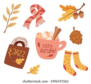 Gemütlicher Herbst. Set süße Herbstelemente: Schal, gestrickte Socken, warmes Getränk, Jazz-Platte, Herbstblätter. Die Idee von Gemütlichkeit und komfortablen Lifestyle, Winter- oder Herbststimmung. Hyäne Vektorgrafik.