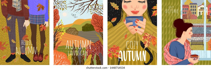 Cozy autumn. Set of cute flat vector illustration with landscape natural background, people by the window, with a cup of tea, in warm shoes and falling leaves
