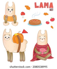 Cozy autumn set with cute llama, hot apple pie, autumn leaves, pumpkin and a mug of hot tea. Sticker style character