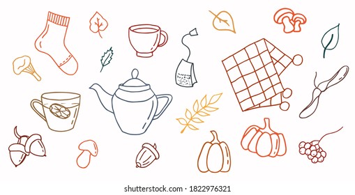 Cozy autumn set. Cute pictures of autumn. Line art. Doodle style. White background, isolation. 