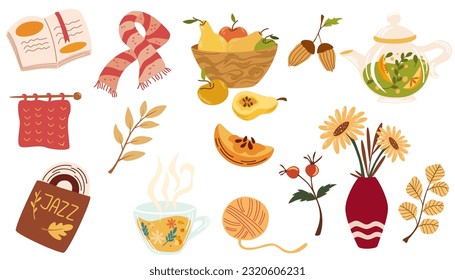 Cozy autumn. Set of different autumn elements, berries, tea, warm scarf, a vinyl record, a bouquet of flowers in a vase, a fruit basket, a book and foliage. Vector illustration