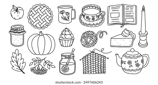 Cozy autumn set of doodle elements. Hand drawn items. Cute fall vector