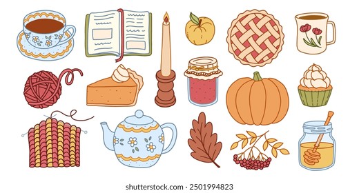 Cozy autumn set of doodle elements. Hand drawn items. Cute fall vector	
