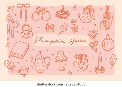 Acogedor conjunto de Elementos de otoño en estilo coqueta. Línea de otoño arte de moda caprichoso Clip arte colección. Pegatinas de otoño aisladas sobre fondo rosa. Vector dibujado a mano ilustración