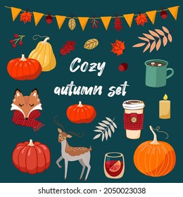 A cozy autumn set of elements for creating an invitation, card, scrapbooking, poster, banner. Pumpkins, autumn leaves, festive garland, warm drinks, fox, deer, etc.