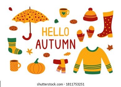 Cozy autumn. Set of elements. Cute umbrella, sock, hat, sweater, scarf, boot, mittens, pumpkin, cups, leaves, cookies. Vector illustration isolated on white.