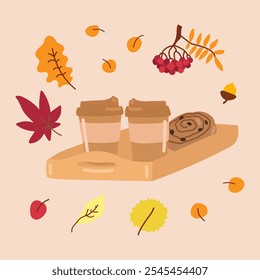 Cozy autumn set elements in flat graphic design. Bundle of two paper coffee cups in holder board, cinnamon bun, acorn, rowan and fall red, orange and yellow leaves. Vector illustration isolated.