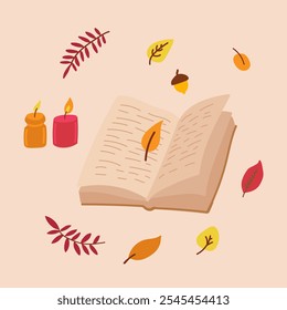 Cozy autumn set elements in flat graphic design. Bundle of open book, warm candles and red, orange and yellow leaves, acorn and rowan leaflets. Fall symbols composition. Vector illustration isolated.