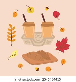 Cozy autumn set elements in flat graphic design. Bundle of two paper coffee cups in cardboard holder, croissants, acorn, red, orange and yellow leaves. Fall composition. Vector illustration isolated.