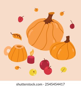 Cozy autumn set elements in flat graphic design. Bundle of orange pumpkin cup and harvest, apples, warm candle and red, orange and yellow leaves. Fall symbol composition. Vector illustration isolated.