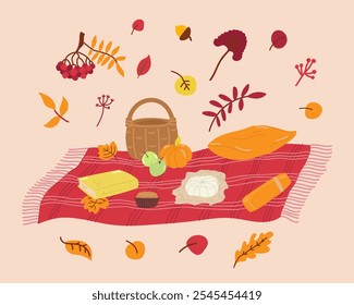 Cozy autumn set elements in flat graphic design. Bundle of picnic blanket, wicker basket, coffee thermos, cupcake, cheese, book, pillow, rowan, acorn and fall leaves. Vector illustration isolated.