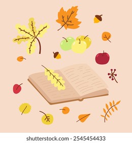 Cozy autumn set elements in flat graphic design. Bundle of open book with oak leaflet bookmark, apples, red, acorns, fall red, orange and yellow leaves composition. Vector illustration isolated.