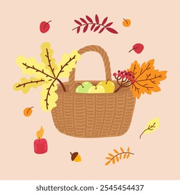 Cozy autumn set elements in flat graphic design. Bundle of wicker basket with oak leaflet twig, apples and rowan, acorn, warm candle and red, orange and yellow leaves. Vector illustration isolated.