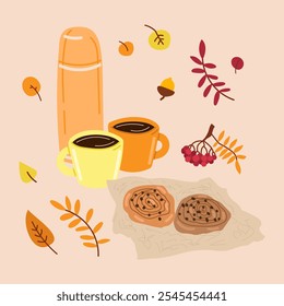 Cozy autumn set elements in flat graphic design. Bundle of two cups with coffee and thermos, cinnamon buns, rowan, acorn, red, orange and yellow leaves. Fall composition. Vector illustration isolated.