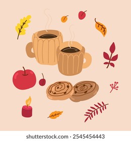 Cozy autumn set elements in flat graphic design. Bundle of two cups with coffee, cinnamon buns, apple, warm candle and red, orange and yellow leaves. Fall composition. Vector illustration isolated.