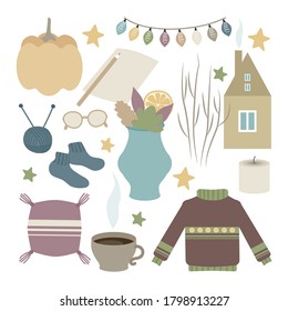 Cozy autumn set of elements with the style of hugge. Sweater, twigs, socks, house, pumpkin, coffee, pencil, stars. Vector illustration isolated on a white background.