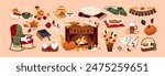 Cozy autumn set. Fall aesthetics items: hot tea with pie, knitted socks, candles, leaves, pumpkin. Cosy season esthetics: fireplace, cute cat on rocking chair. Flat isolated vector illustrations