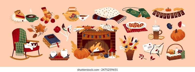 Cozy autumn set. Fall aesthetics items: hot tea with pie, knitted socks, candles, leaves, pumpkin. Cosy season esthetics: fireplace, cute cat on rocking chair. Flat isolated vector illustrations