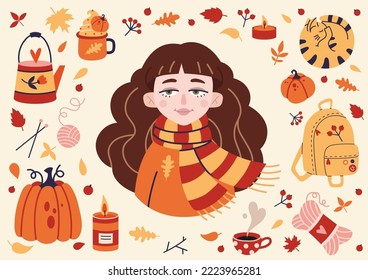 Cozy autumn set of fall design elements, cartoon style. Girl in a warm scarf, fallen leaves, hot drinks and items for needlework bundle. Trendy modern vector illustration, hand drawn, flat design.