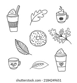 Cozy autumn. Set of fall things. Cup of tea or coffee, leaves, donut and cake. Doodle black and white vector isolated illustration