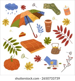 Cozy autumn set featuring a colorful umbrella, warm drinks, pumpkin, leaves, and other fall-themed elements. Perfect for creating autumn designs, seasonal graphics. Vector
