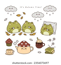 Cozy Autumn set with frogs. Cute illustration set. Kawaii clipart.