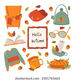 cozy autumn set, for a great autumn mood. An armchair with knitting, reading glasses, a book, a cup of hot tea, a kettle, an open book, a candle, slippers, a delicious pie, a cozy sweater and a frame