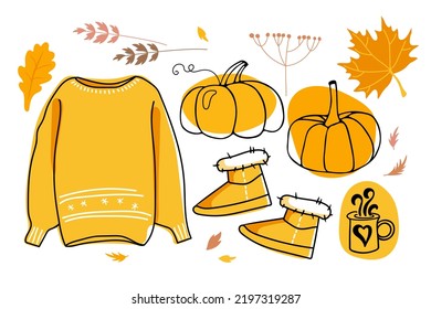 Cozy autumn set with hand drawn elements. Warm knitted sweater, fur boots, pumpkins, dry plants and leaves. Fall season Attributes. Vector sketch icon isolated on white. Seasonal Design elements