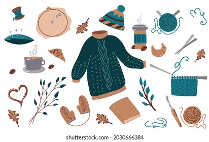 Cozy autumn set, Hygge evening for knitting. Handmade work. World Knitting Day in public places, balls of yarn for knitting. Vector cute flat cartoon illustration. Hobby time. Handmade concept.