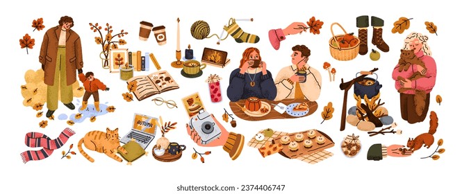 Cozy autumn set. Hygge fall mood. People warming with coffee, knitted socks, cute cat, home bakery, book and leaf. Pleasure moments, happy vibe. Flat vector illustrations isolated on white background