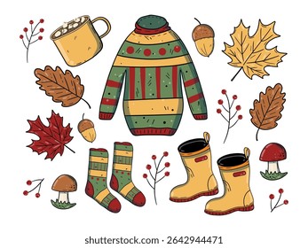 Cozy Autumn, set isolated design elements: knitted sweater, rubber boots, warm socks, cup of hot drink and natural autumn elements: maple and oak leaves, berries, mushrooms, acorns. Hand drawn doodle