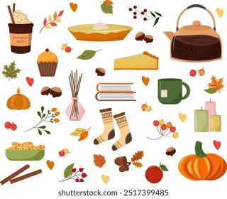 Cozy autumn. A set of items for hygge. Pumpkin pie and cookies, hot drinks. Teapot and cup. Autumn leaves, chestnuts and acorns. Books and socks, pumpkin and apples. Vector illustration