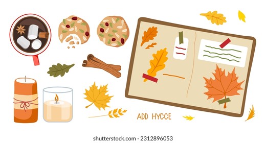 Acogedor escenario de otoño. Diversos elementos estacionales taza de chocolate caliente, galletas, hojas rojas, velas, herbario. Ilustración vectorial de otoño para afiche de humor de otoño, pegatina, postal, plantilla de volante