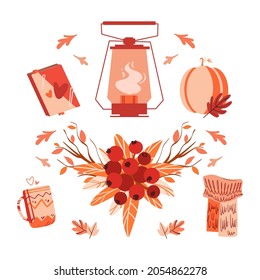 Cozy autumn set of vector elements. Fall things mug, knitted scarf, book. Pumpkin and lantern. Bunch of red rowan berries with autumn leaves. Beautiful illustrations for prints, scrapbooking