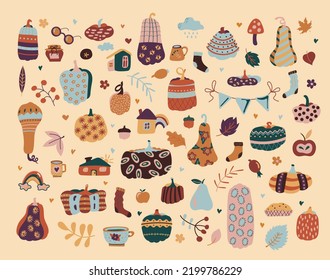 Cozy autumn set of vector elements. Pumpkins, twigs, houses, socks, cups, etc. Bunch of red rowan berries with autumn leaves. Beautiful illustrations for prints, scrapbookingn. Vector illustration