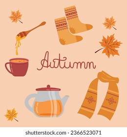 A cozy autumn set with warm drinks and warm clothes. Vector illustration