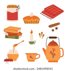 A cozy autumn set with warm drinks, pastries, books and spices. Vector illustration of candle, plaid