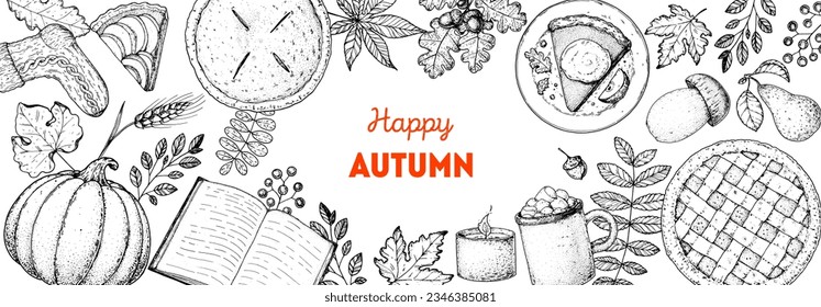 Cozy Autumn sketch frame. Hand drawn vector illustration. Design elements. Autumn food. Set of pumpkin, book, candle, blueberry pie, socks, hot drink, leaves, foliage, berries, mushroom, acorn.