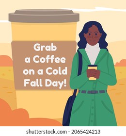 Cozy autumn social media post mockup. Grab coffee on cold fall day phrase. Web banner design template. Sweater weather booster, content layout with inscription. Poster, print ads and flat illustration