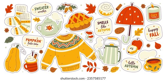 Cozy autumn sticker badge pack, hello fall and sweater weather seasonal cute label design element isolated set. Popular autumnal accessories, symbols and greeting lettering vector illustration