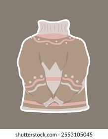 Cozy autumn sticker. Green and beige sweater. Autumn and fall season. Warm clothes for cold weather. Template and layout. Flat vector illustration isolated on brown background