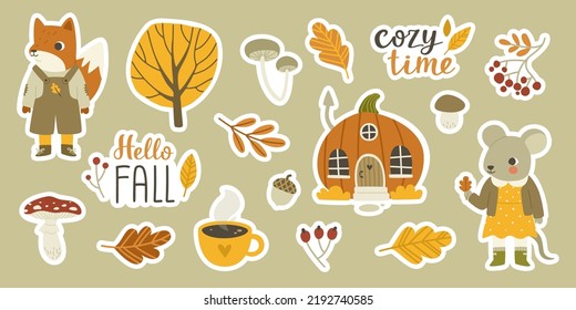 Cozy autumn sticker pack with baby animals and fairy tale house. Cute cartoon fall season set.