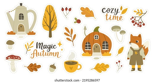 Cozy autumn sticker pack with baby fox and fairy tale houses. Cute cartoon fall season set.