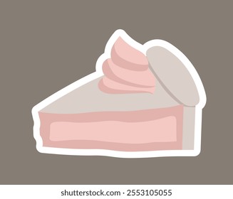 Aconchegante adesivo de outono. Fatia de bolo com esmalte rosa. Outono e outono. Sobremesa e delicadeza. Elemento gráfico para site. Ilustração de vetor plano isolada no plano de fundo marrom