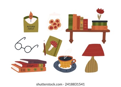 Cozy autumn stickers in cartoon flat style, vector illustration isolated on white background. Fall scented candle, book shelf, reading glasses, notebook, jar of cookies and cup of tea. 