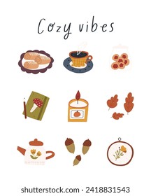 Cozy autumn stickers in cute cartoon flat vector style, isolated on white background. Hand drawn fall elements - candle, leaves, acorns, cinnamon rolls with cookie jar and cup of tea.