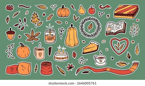 Aconchegantes adesivos de outono, desenhos bonitos e elementos de design gráfico esboço, objetos sazonais, legumes, velas, roupas quentes e outros. Conjunto de ilustrações vetoriais para decorações aderentes.