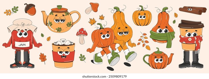 Conjunto de pegatinas de otoño acogedor. Elementos perfectos para scrapbook, póster, invitación, kit de pegatinas. Personajes groovy retro - hojas, calabazas, taza de café, tarro de mermelada, champiñones, bellota, tetera. ilustración de Vector